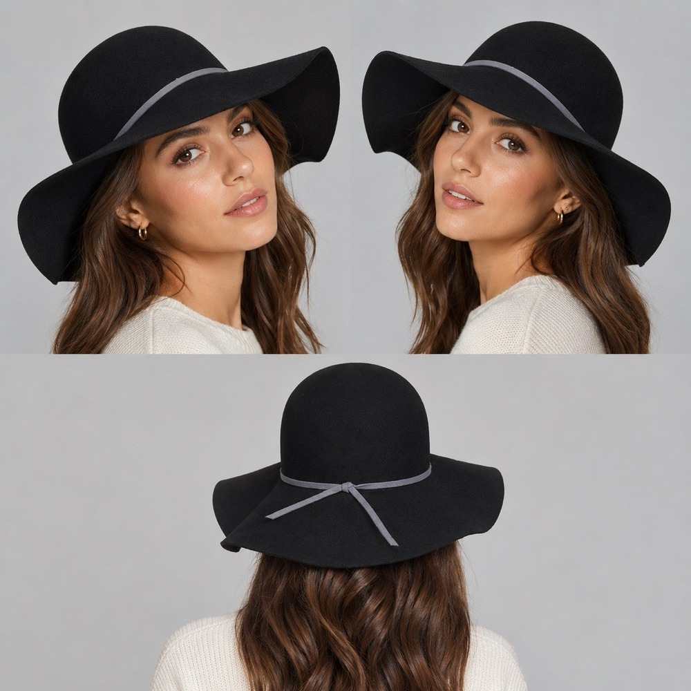 Anthropologie Black Wool Wide Brim Floppy Hat Boho NWT One Size